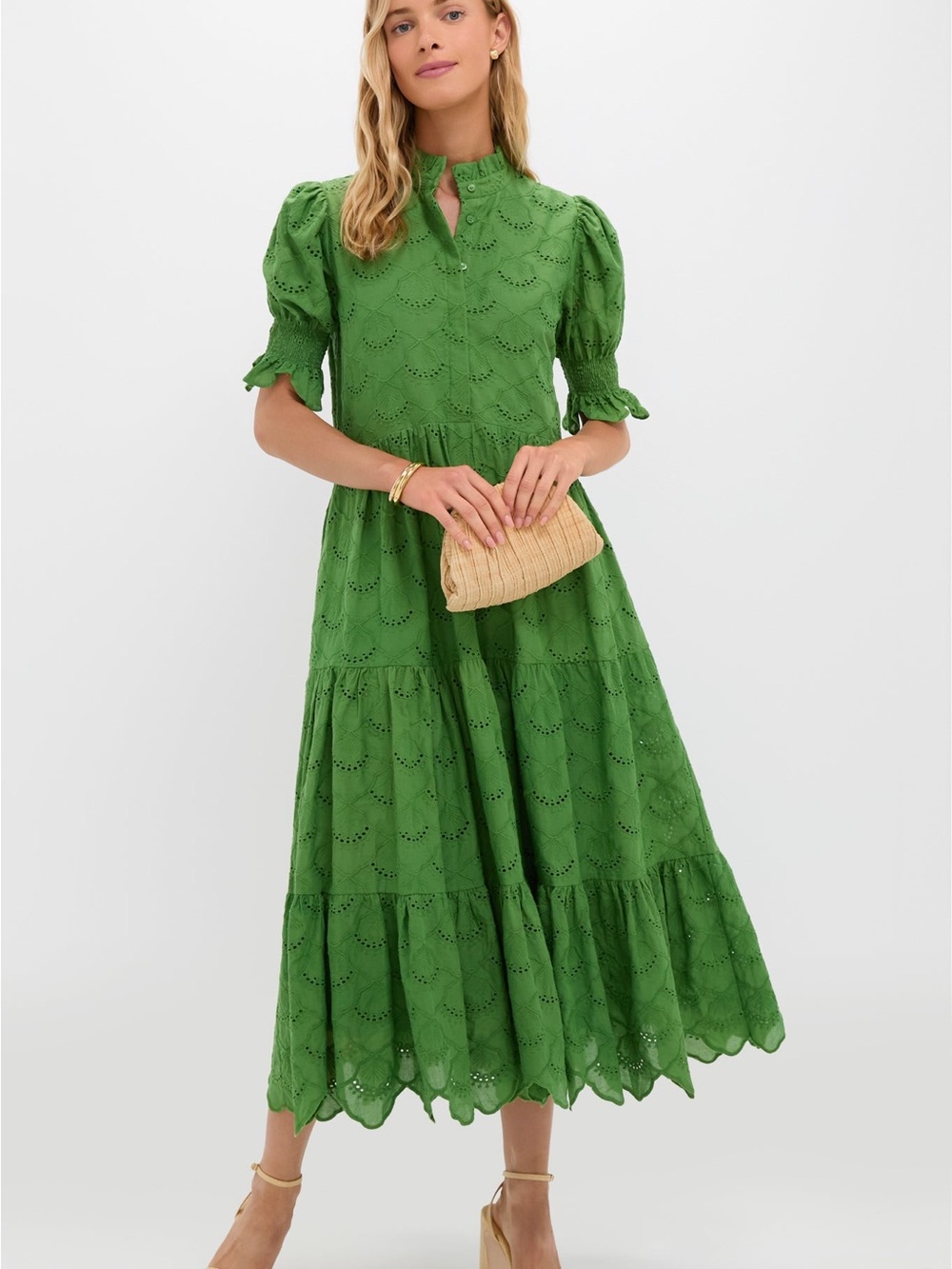 New $178 Tuckernuck Hyacinth House Green Eyelet Tiered Midi Dress Large NWT